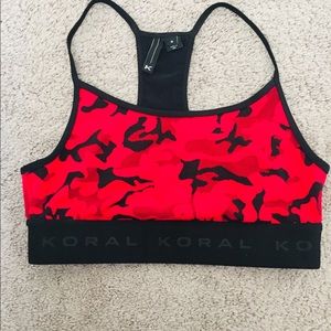 Koral red/black army fatigue sports bra